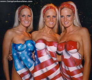 Triplets wearing only American flag body paint - Only in America